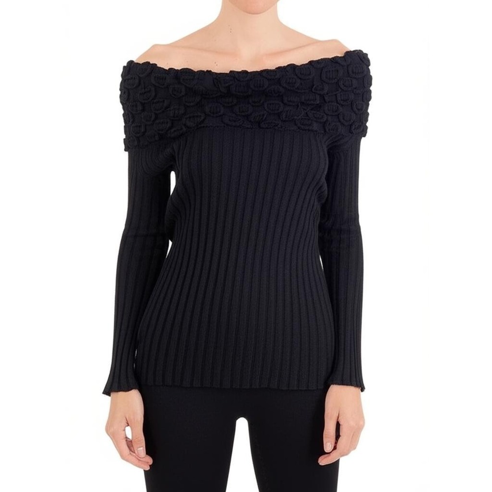 MICHAEL KORS Women Black Off‎ Shoulder Ribbed Long-Sleeve Knit Chic Sweater